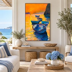Tableau Barque de Pêcheur & Coucher de Soleil Orangé