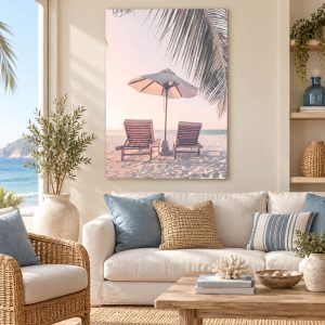 Tableau Parasol, Transats, Soleil Couchant & Plage