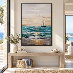 Tableau Peinture à l'Huile - Soleil Couchant et Voilier en Mer