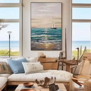 Tableau Peinture à l'Huile - Soleil Couchant et Voilier en Mer