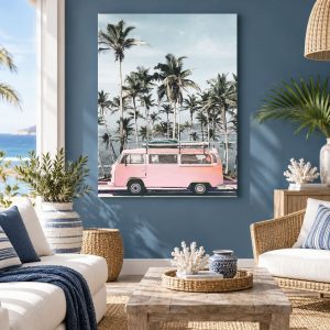 Tableau Plage Vintage - Mini Van Rose & Palmiers