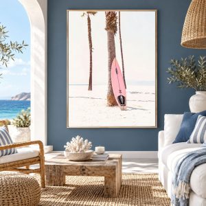 Tableau Planche de Surf sur Palmier en Plage Tropicale