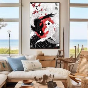 Tableau Poisson Japonais - Noir, Blanc et Rouge - Carpe Koi & Vague