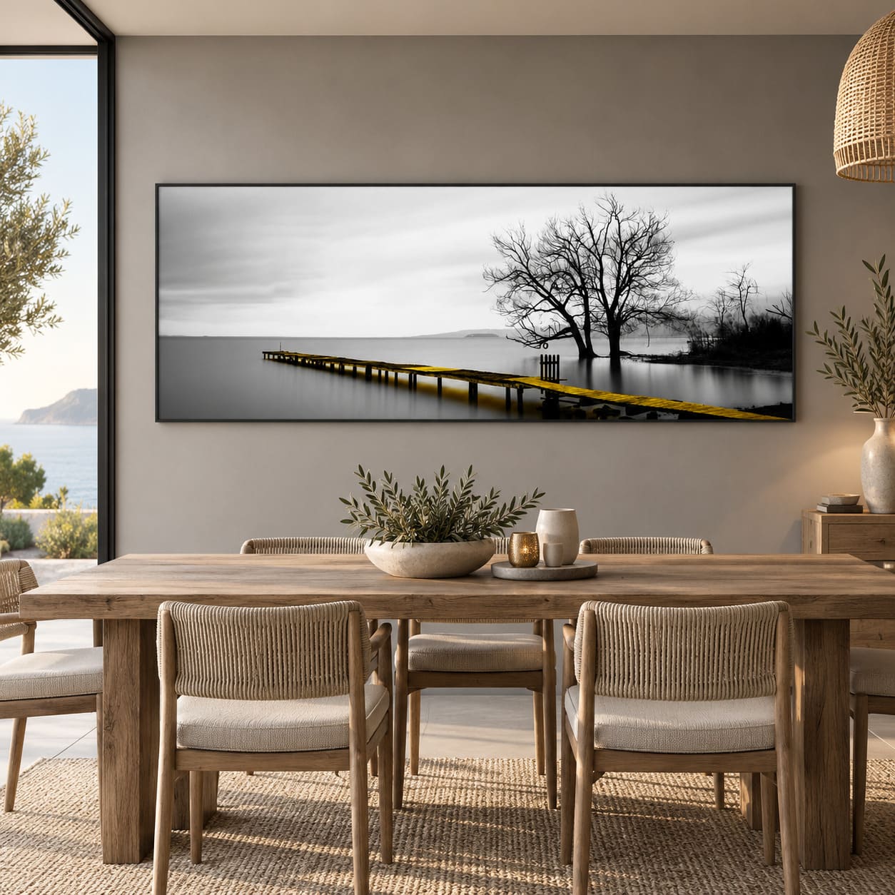 Tableau Ponton Doré sur Fond Noir et Blanc