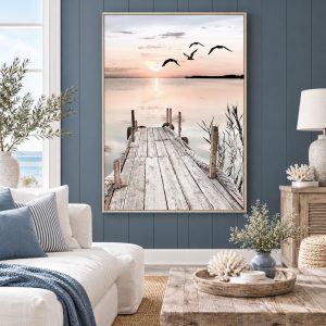 Tableau Ponton en Bord de Mer, Soleil Couchant et Oiseaux Marins