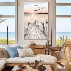 Tableau Ponton en Bord de Mer, Soleil Couchant et Oiseaux Marins