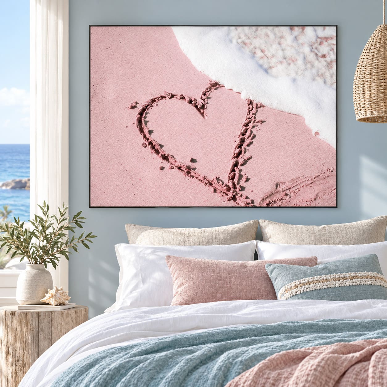 Tableau Romantique Mer - Cœur sur Plage Rose