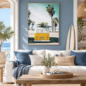 Tableau Vintage – Mini Van Jaune, Planches de Surf & Palmiers