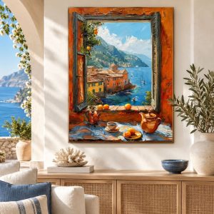 Tableau Fenêtre sur Village en Bord de Mer