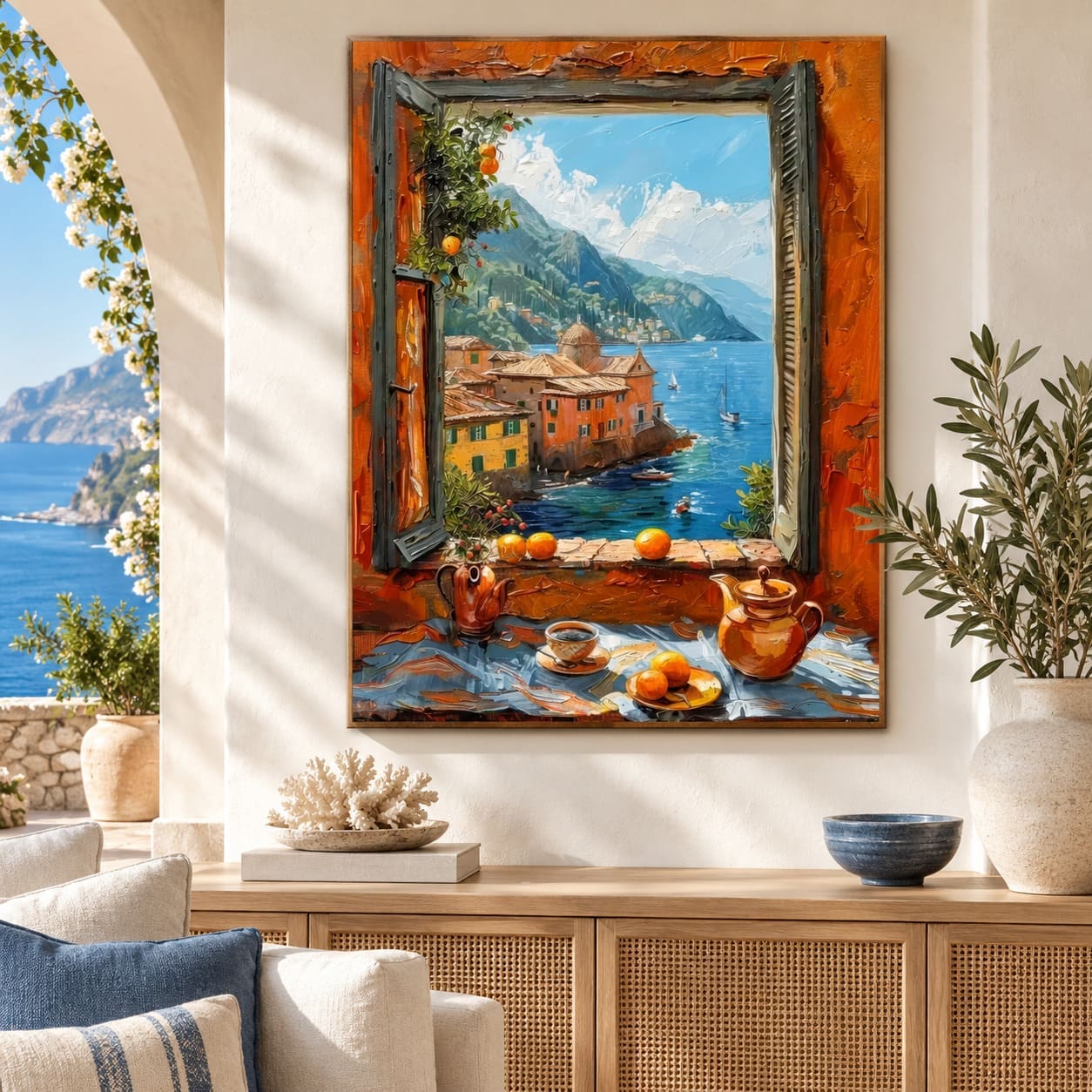 Tableau Fenêtre sur Village en Bord de Mer