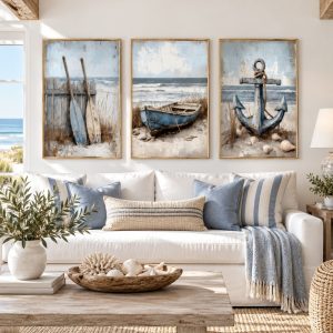 Tableau Triptyque Bord de Mer Ancre, Barque et Rames