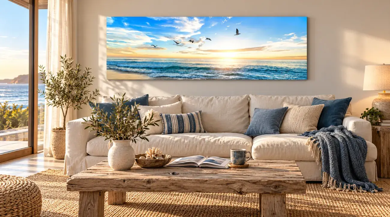 Tableau panoramique plage au soleil couchant accroché au-dessus d’un canapé en lin