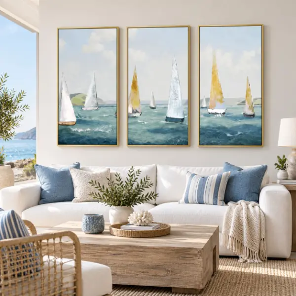 Tableau de voiliers blancs et dorés sur mer bleue